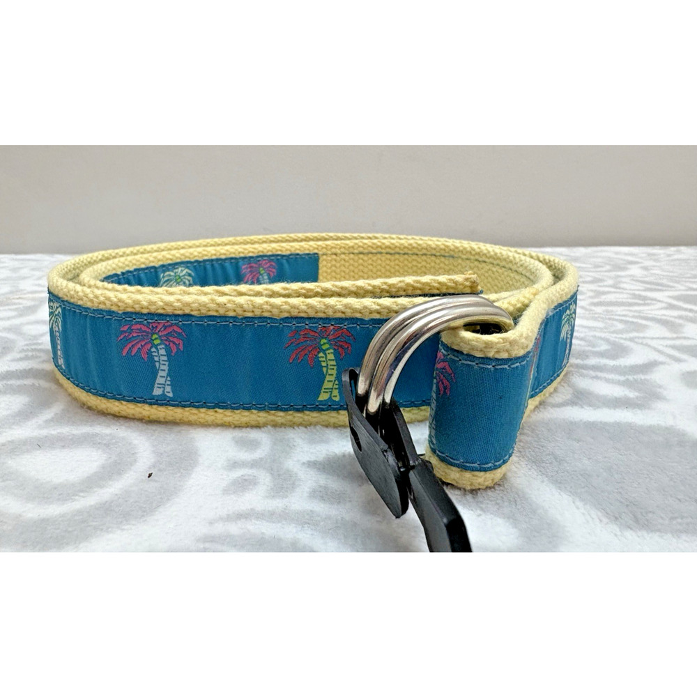 Vintage Douglas Paquette Women Sz M Canvas D Ring Belt Palm Trees Teal 38" USA